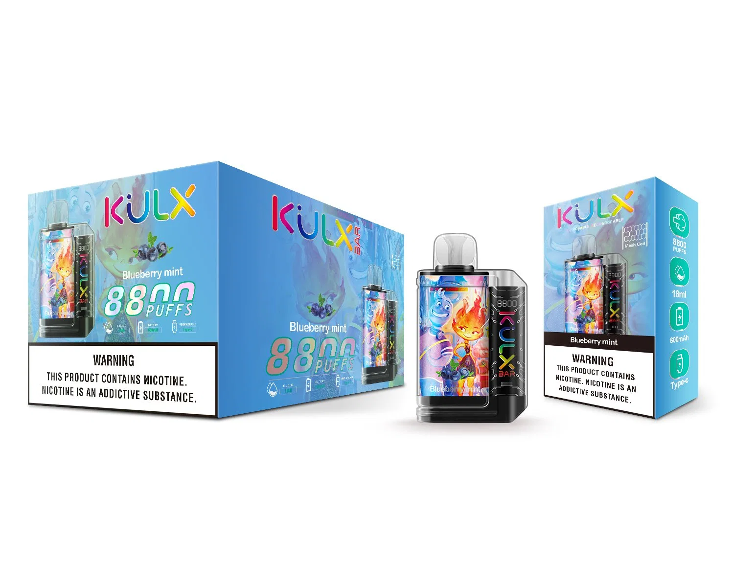 Original Kulx Bar 8800 Puff mesh Coil E cigarette 18ml E Juice stylo jetable Vape Kit de fumeur avec 0/2/3/5% Batterie rechargeable 600 mAh