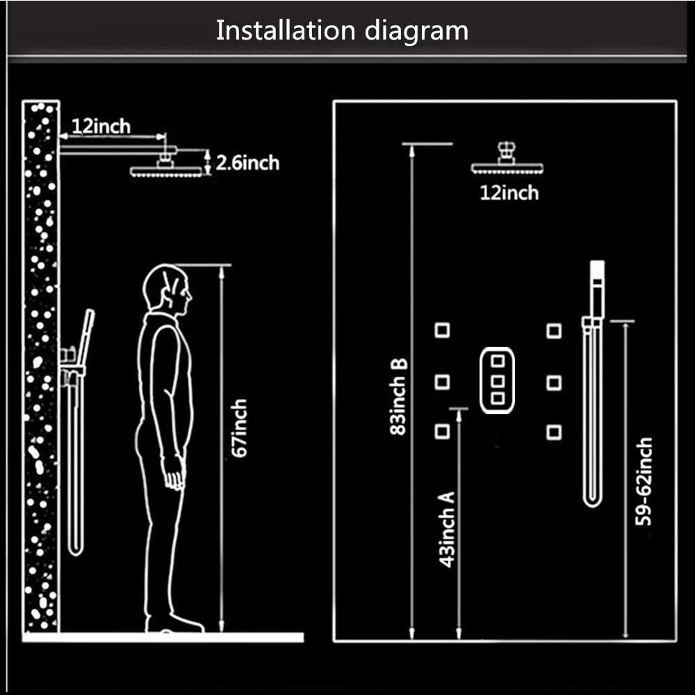 Système de tête de douche pluie à LED 12 pouces, montage mural avec Vanne de mélange thermostatique et 6 sprays pour corps de massage et à main Ensemble douche