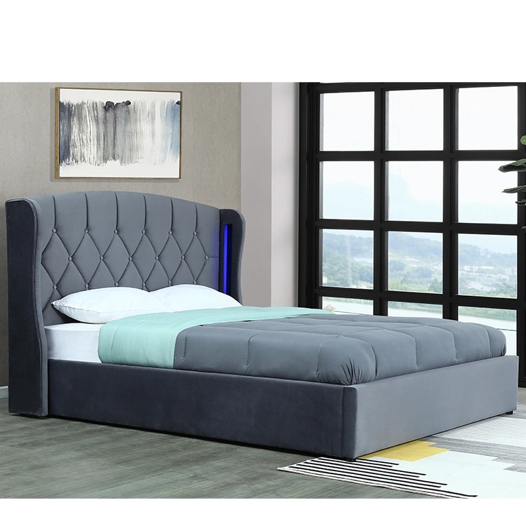 Willson 1513-1g سرير من القماش المخمذي المنحني الأنيق والعصري مع زر تصميم رأس السرير وLED أجنحة وتخزين الرفع بالغاز