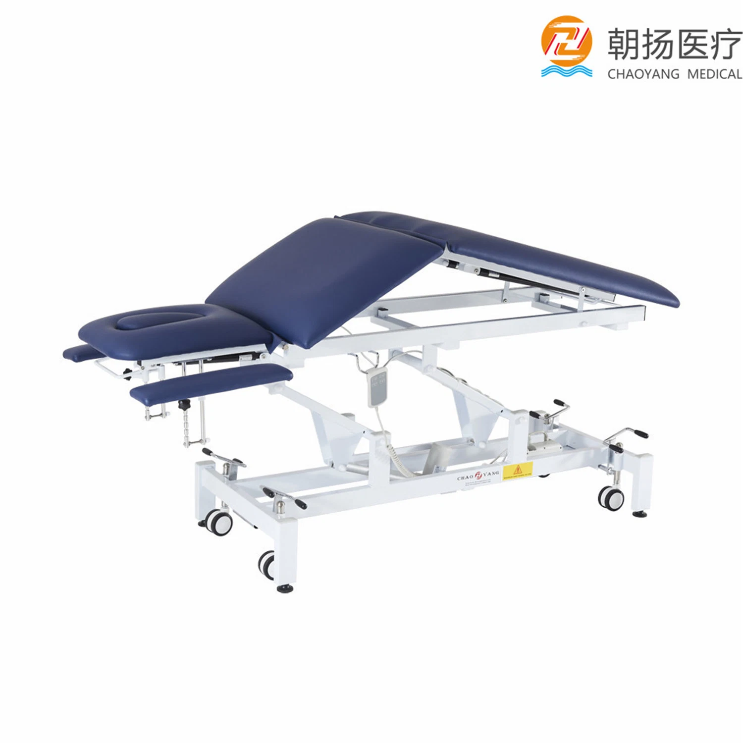 Mesa de tratamento quiroprático osteopático com ajuste elétrico multifuncional e cama de massagem.