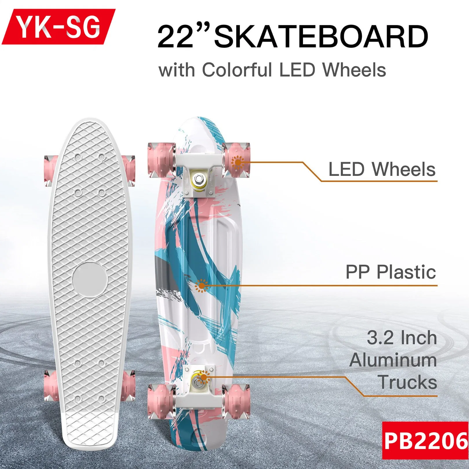 22 Inch Transparent LED Shining PP Plastic Skateboard with Four Wheels Fish Board