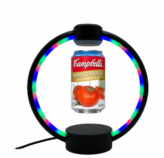 Nuevo marco metálico levitante magnético Pop Can Cosmetics Ver pantalla Stand con luz LED RGB para la exposición de anuncios puede almacenar