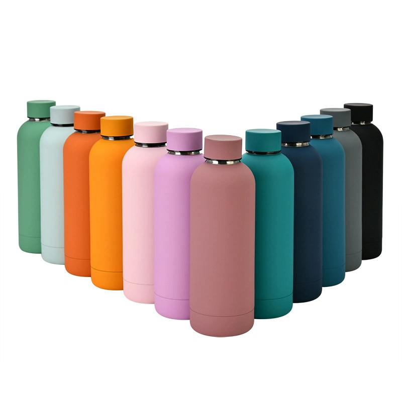 Großhandel Eco Custom Bunte Doppelwand Thermo-Flasche 500ml Edelstahl Stahl Gummi Matt Farbe Outdoor Kleine Mund Wasserflasche