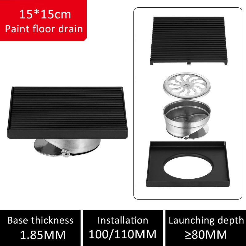 15*15cm Solid Striped Floor Drain 304 Stainless Steel Floor Drain DN110 Toilet Square Odorless Floor Drain Hotel Engineering Large Floor Drain