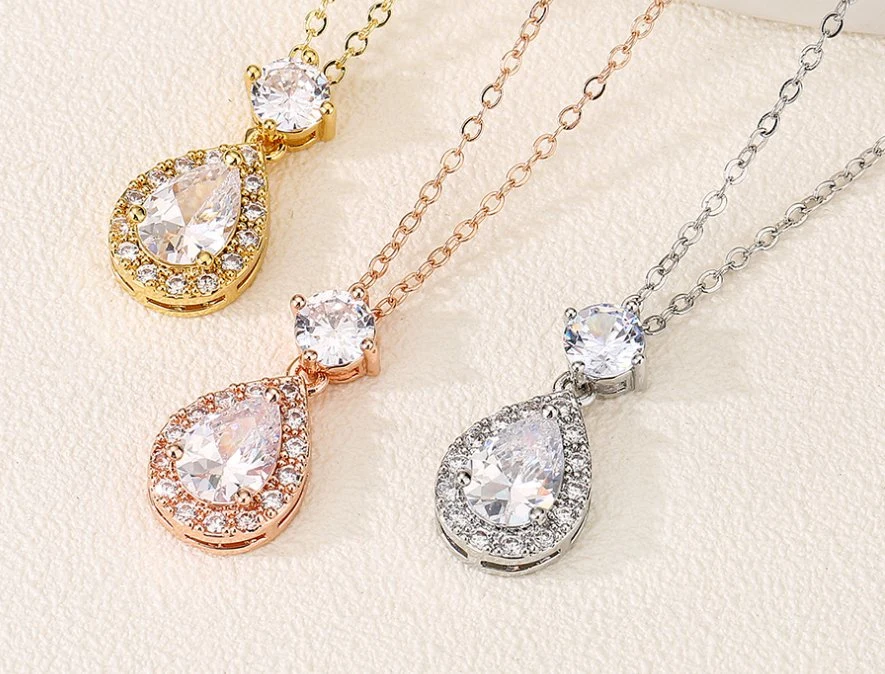 Rose Gold Teardrop Pear Shape CZ Necklace Pierced Earrings Women. Wedding Jewelry Sets