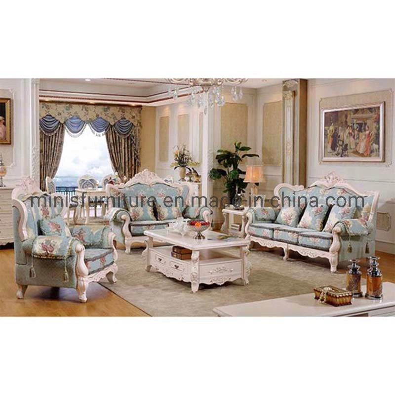 (MN-SF79) French Classic Home Living Room/Hotel Lounge Furniture Wood Fabric Sofa Set