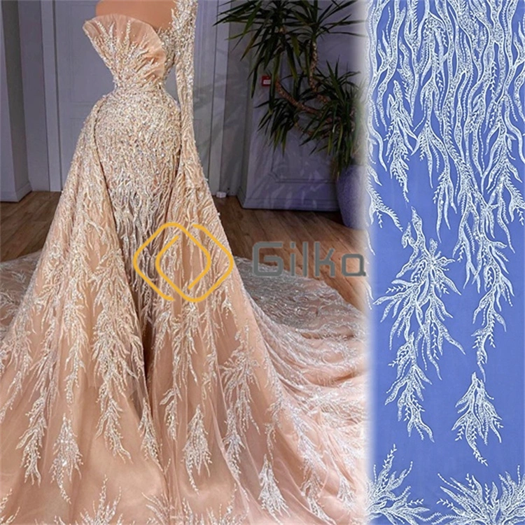 Elegant Branch Design Embroidery Latest Ivory White Gold Mesh Sequin Lace Fabrics for Wedding Dresses