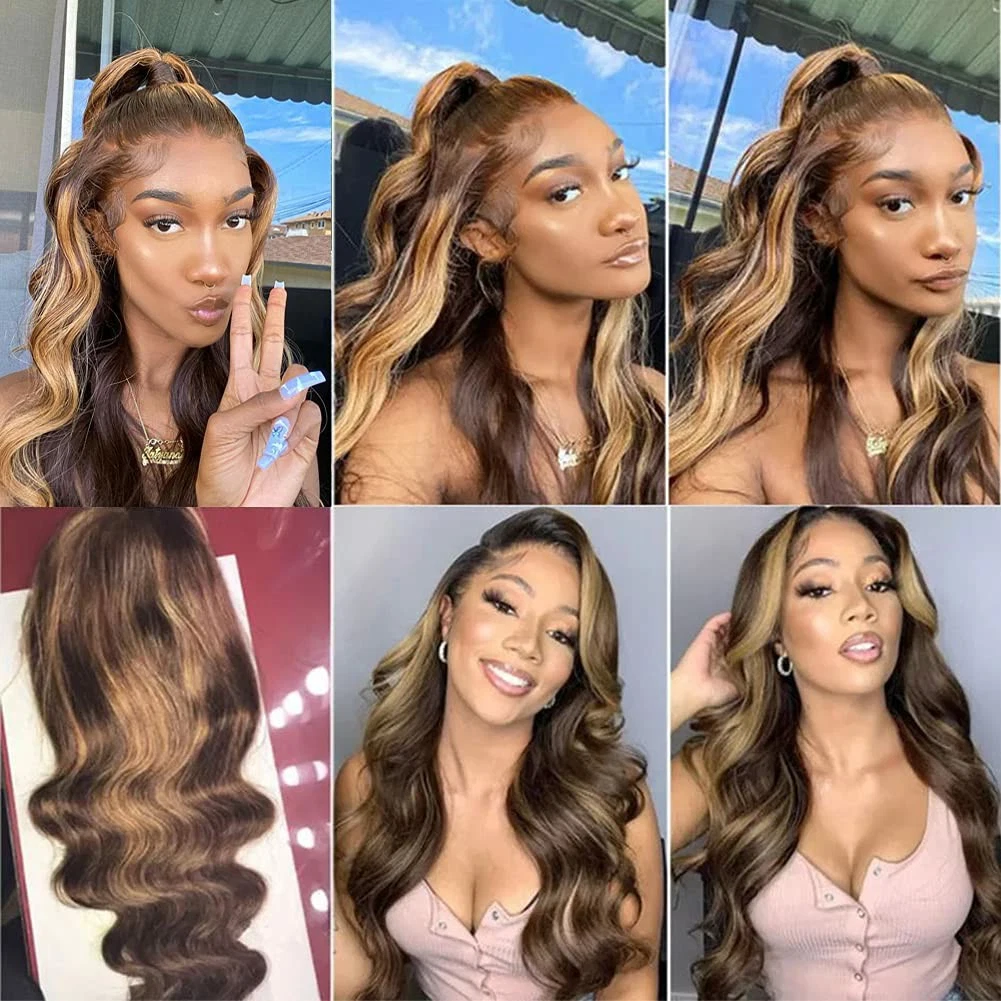 Frontal Wig Honey Brown Ombre Highlight Human Hair Closure Wigs