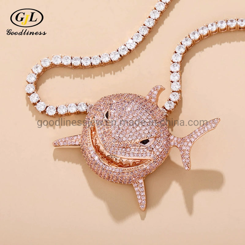 Nuevo Iced out Bling lleno de tiburones de zirconio cúbico moda colgante Collar Diseñador Estrella de Hip Hop Joyería