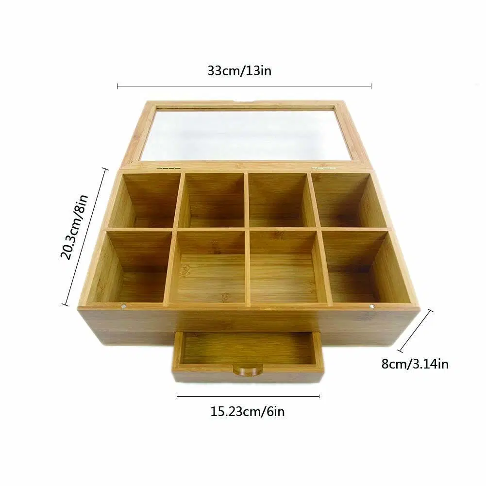 Wood Bamboo Tea Storage Bag Box Organizer Holder Sorter Box Compartments with Clear Lid Bb-7103