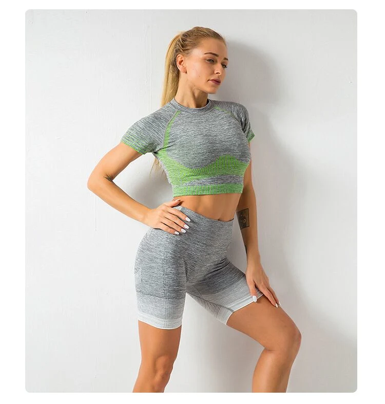 Damen Sport Kurzarm Anzüge Gym Tragen Yoga Tragen Fitness Trage Sportswear Kurzhosen Kurzarm-Crop-Top