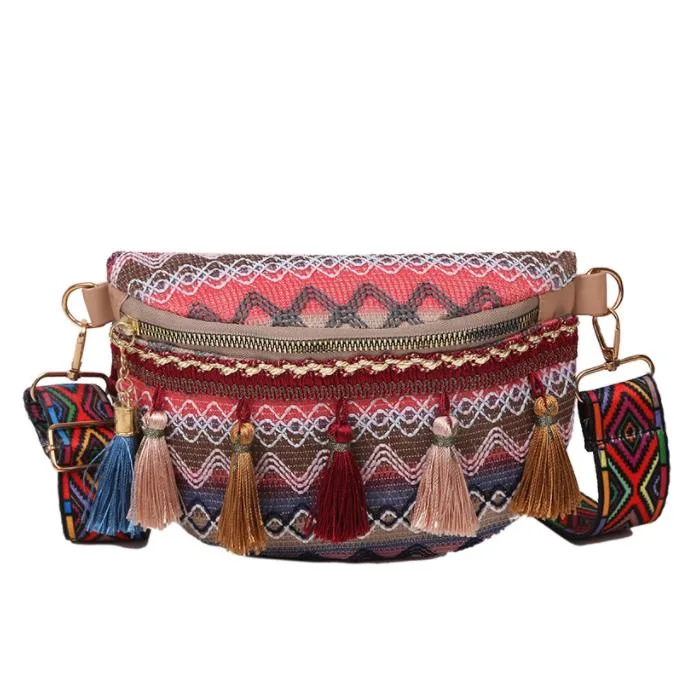 Women Folk Style Waist Bags with Adjustable Strap Variegated Color Fanny Pack with Fringe Decor Pochete Feminina Ri&ntilde; Onera Belt (YSYN2022-1207)