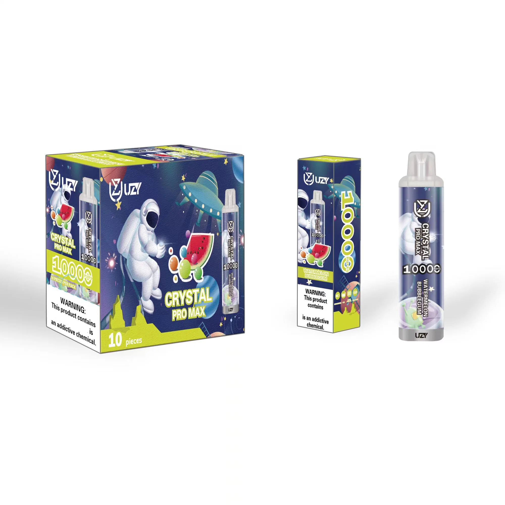 Uzy Crystal 10000 Puff PRO Max السجائر الإلكترونية القابلة للاستخدام 16 مل خرطوشة مزودة ببطارية قابلة لإعادة الشحن سعة 650 مللي أمبير/ساعة، قلم Vape، مصباح إضاءة مصباح RGB 12 نكهات