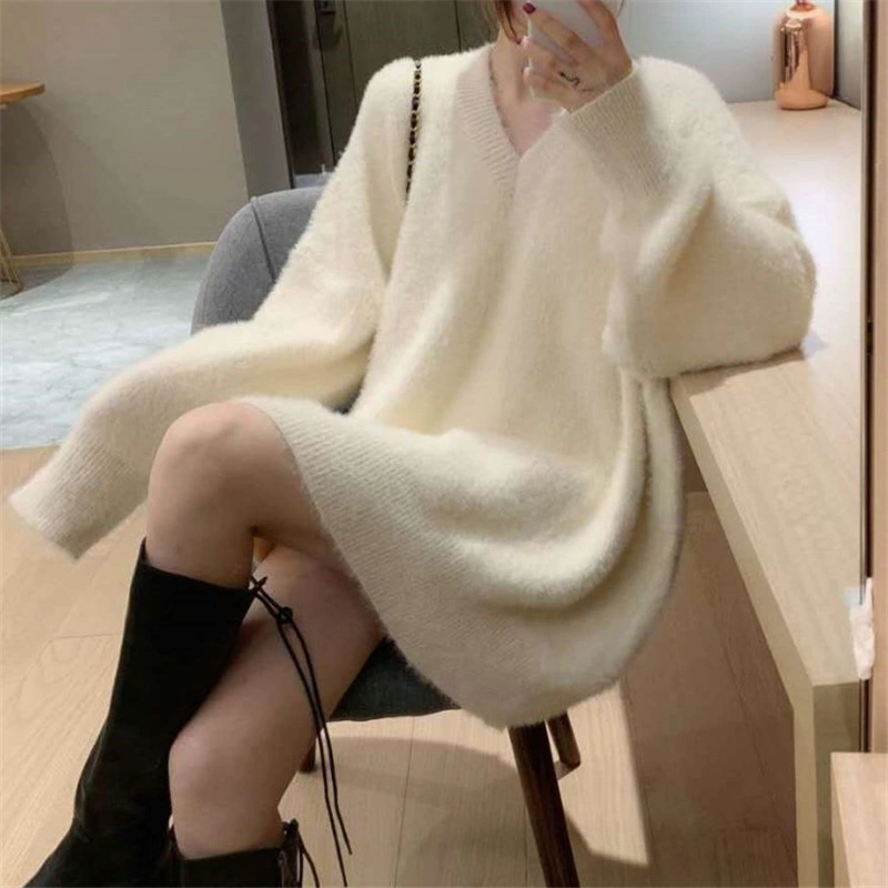Large Size V-Neck Knitted Dress Soft and Warm Womentop Loose Medium Long Winter Shirt Thick Base Shirt for Autumn and Winter