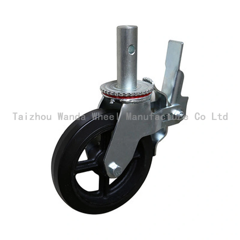 Roulettes industrielles réglables en hauteur pour échafaudage lourd de 8" avec caoutchouc noir sur roue en fonte.