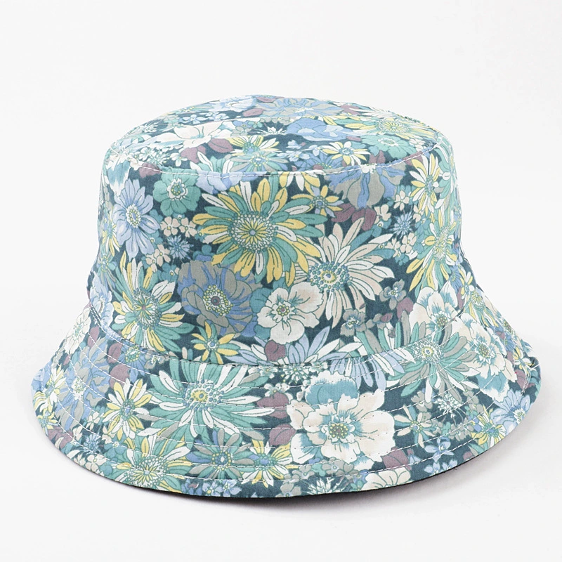 Duoble Layers Lady's Fashion Poly Cotton Flora Printing Woven Cap Bucket Hat