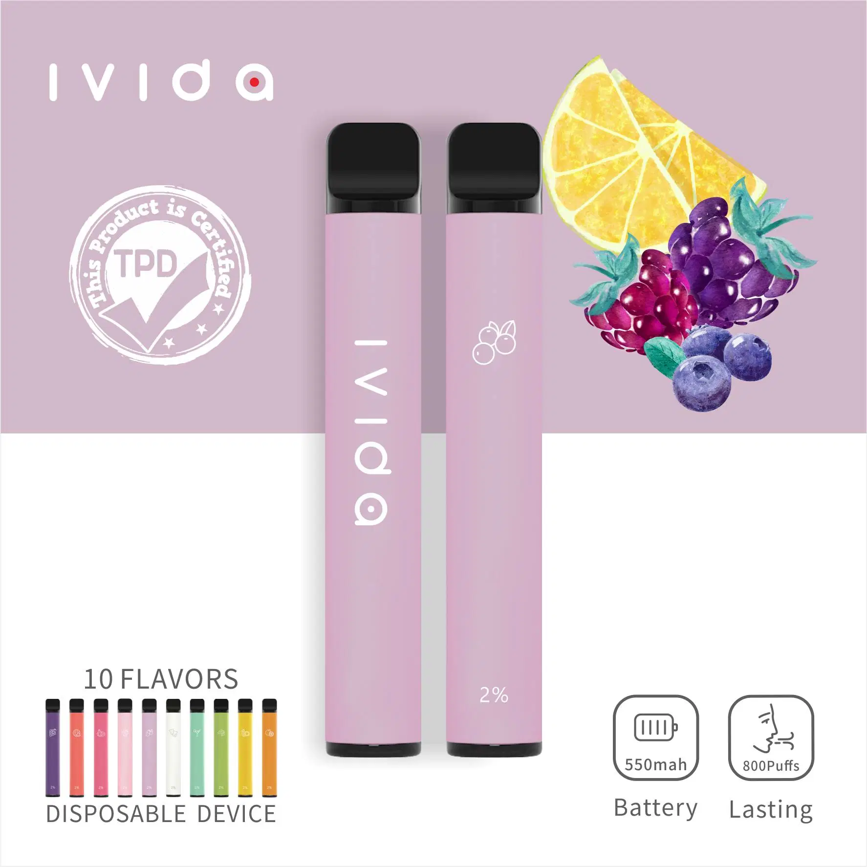 2023 Hot Vape Ivida Wholesale/Supplier Price 600 Puffs 2ml Tpd 	Disposable/Chargeable Flavor Vape