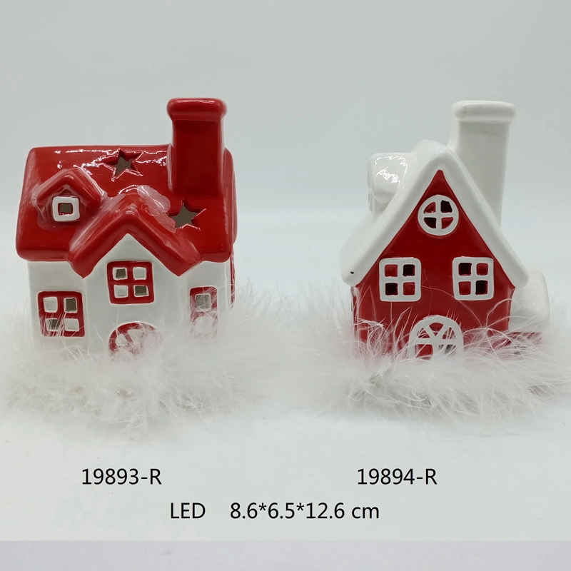 Qute Size Handpainted House Craft with Feather Santan & Snowman LED Lighting Ornament Ceramic Christmas Decoration
