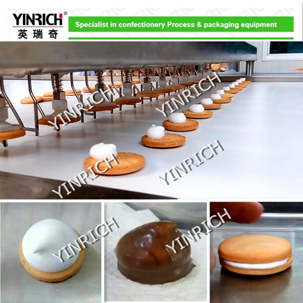 Chocolate Pie Making Machine Macarons Machinery Sandwiching Machine Chocolate-Coated Marshmallow Depositing on Biscuit (JXJ1000) with Ce ISO9001