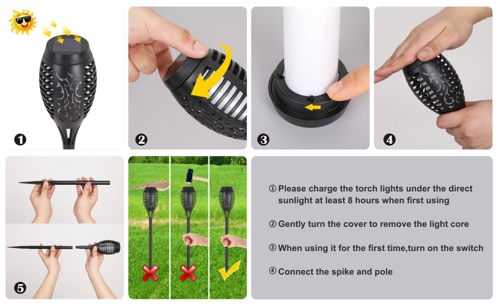 8 Pack el polvo, resistente al agua amarillo solar calle LED luces llama vacilante luz cálida decoración del paisaje al aire libre baile Solar para patio jardín de luz de la llama