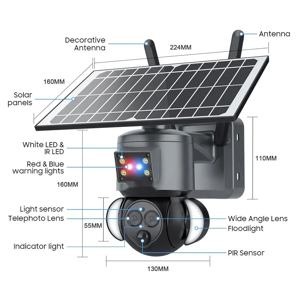 Rede WiFi PIR de vigilância CCTV de lente dupla com zoom 12X no exterior Câmara solar 4G de 6 MP, 6 W.