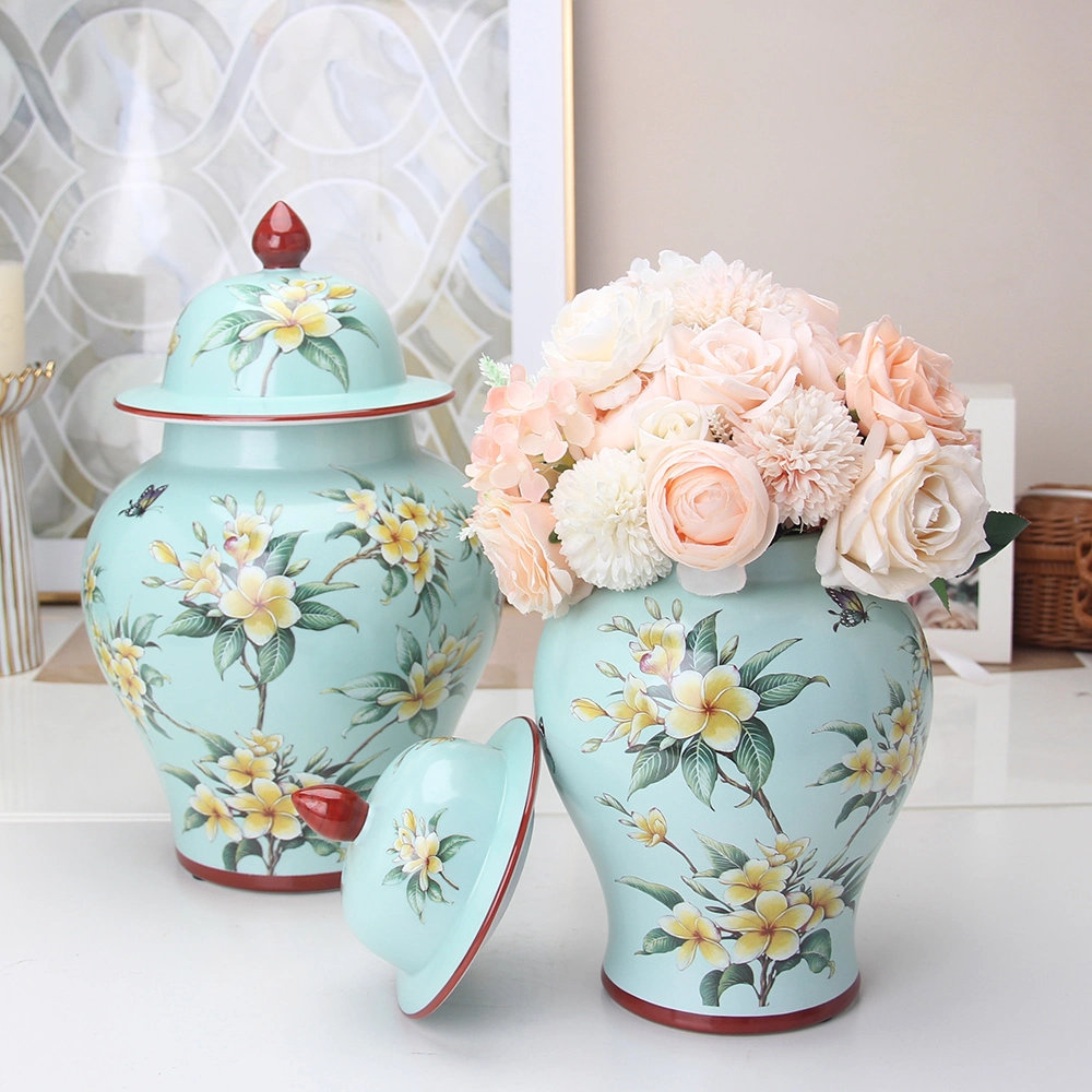 J229g elegante Ceramic Flower Ginger jar conjuntos Chinoiserie porcelana Verde Vaso para tampo de mesa para decoração doméstica