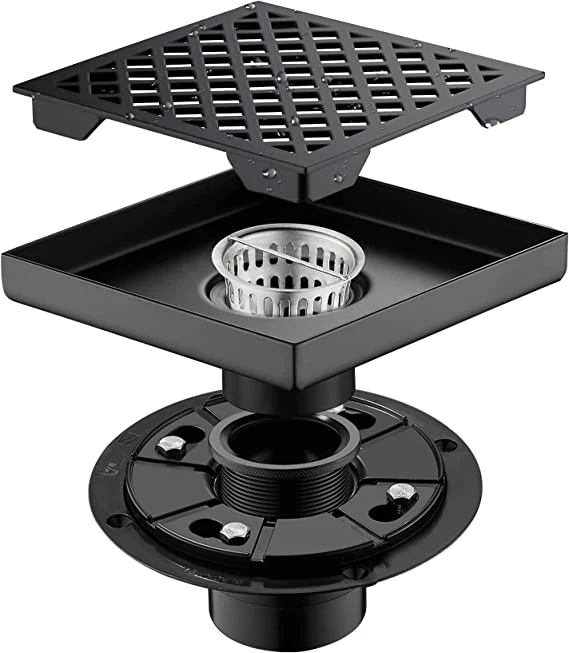 Quare Shower Drain Matte Black 6 Inch with Flange SUS 304 Stainless Steel