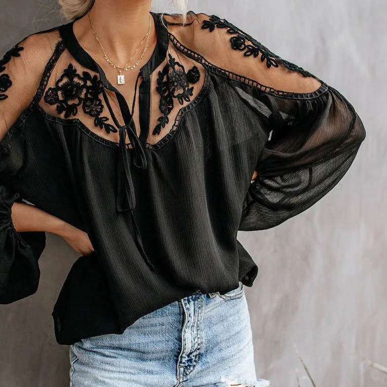 Fashion Black Women's Elegant Lace Shirt