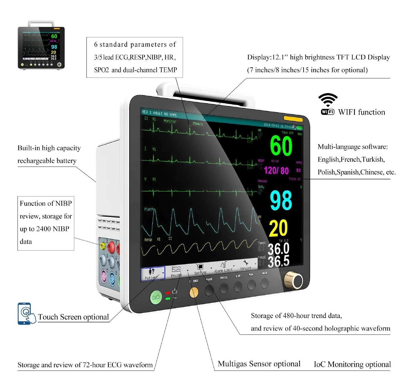 Equipamento médico Portátil 6 parâmetros Veterinary Patient Monitoring Machine Price