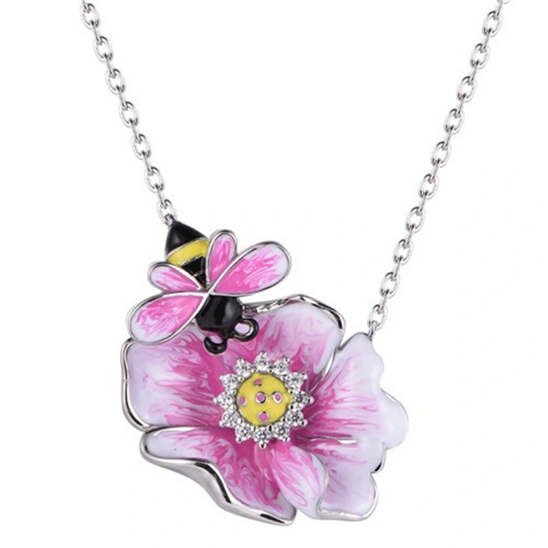 925 Silver Bee and Flower Earring and Necklace Animal Enamel Jewelry Sets for Ladies