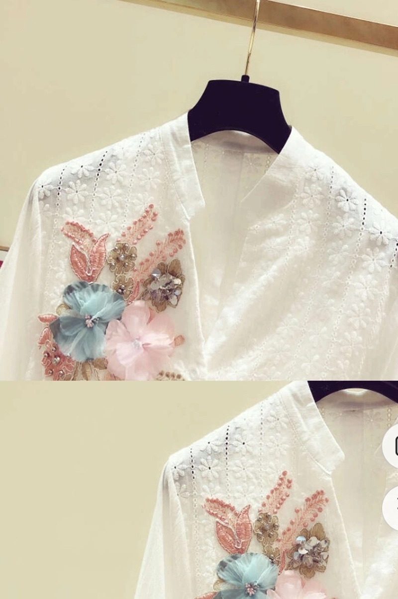 Fashion Sequin Embroidery Flower Decoration V-Neck Long-Sleeve Women Shirt of Apparel