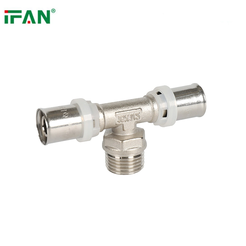 Ifan 1/2''-3/4'' Silver Color Equal Pex Press Male Thread Brass Tee Fitting