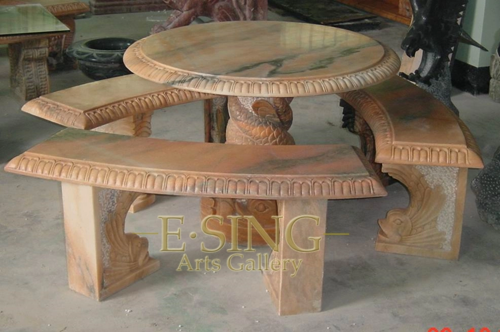 Outdoor Garden Round Hand Carved Red Marble Table and Benches for Sale