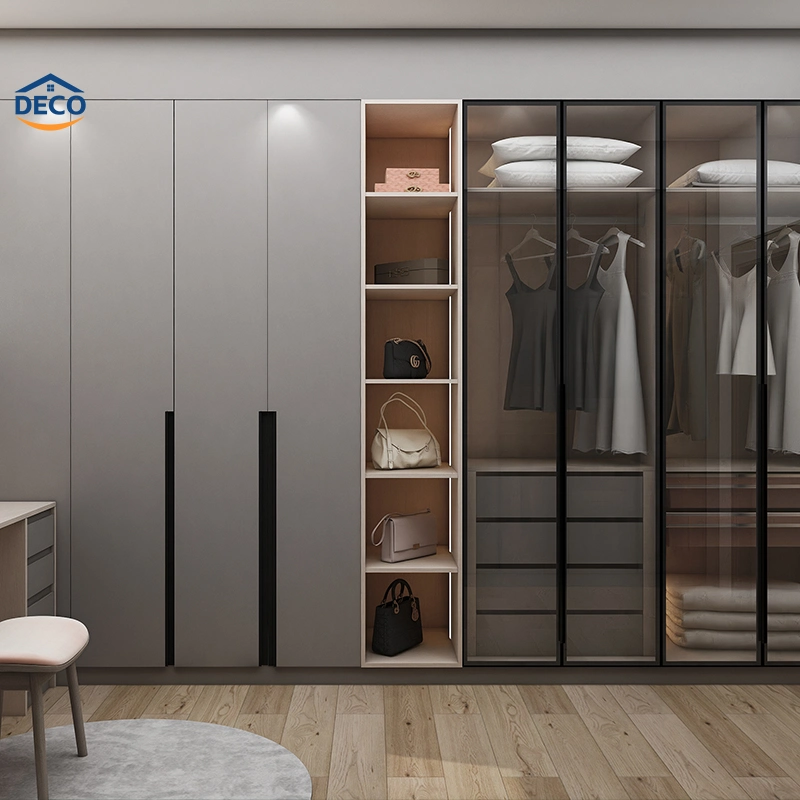 Custom Made Bedroom Furniture Wood Bulit in Wardrobe Grey Glass Door Closet Walk in Cloakroom