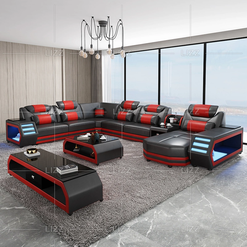 Functional LED Modern European Design Leisure Genuine Leather Sectional Sofa