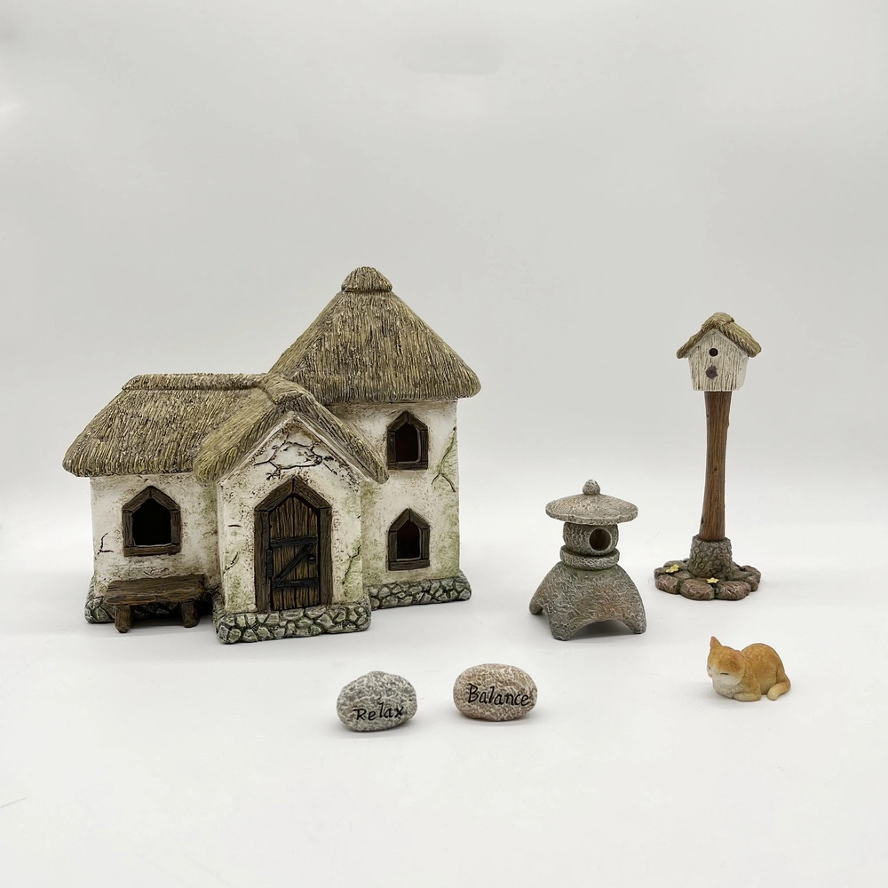 تخصيص أساسي جديد Miniature Fairy Garden Kits Resin Fairy Garden البيت الحجري القشى مع ضوء الشمس