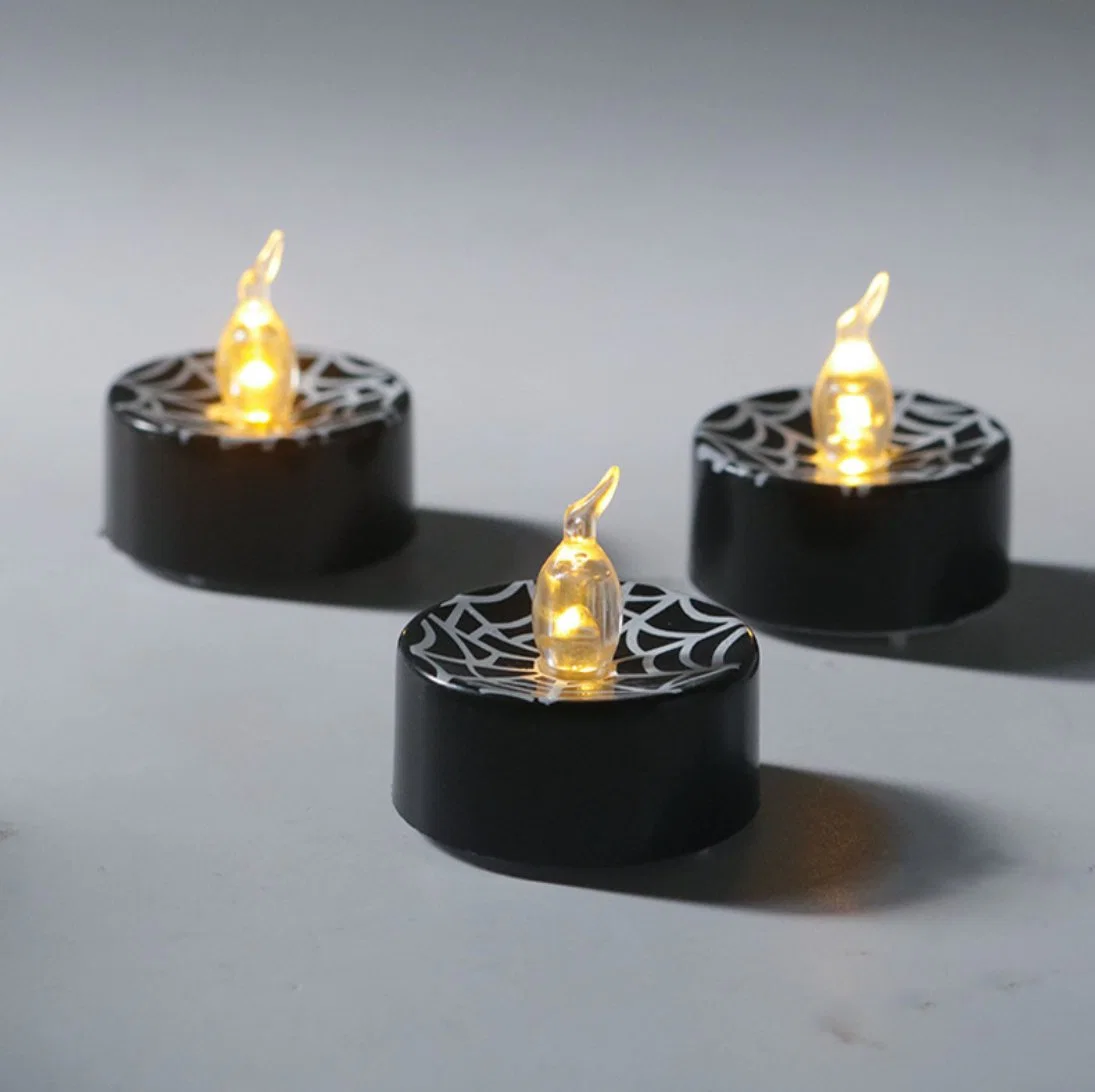 Black Shell Tea Lights Candle Spider Web Pattern Warm White Flashing for Halloween Decoration