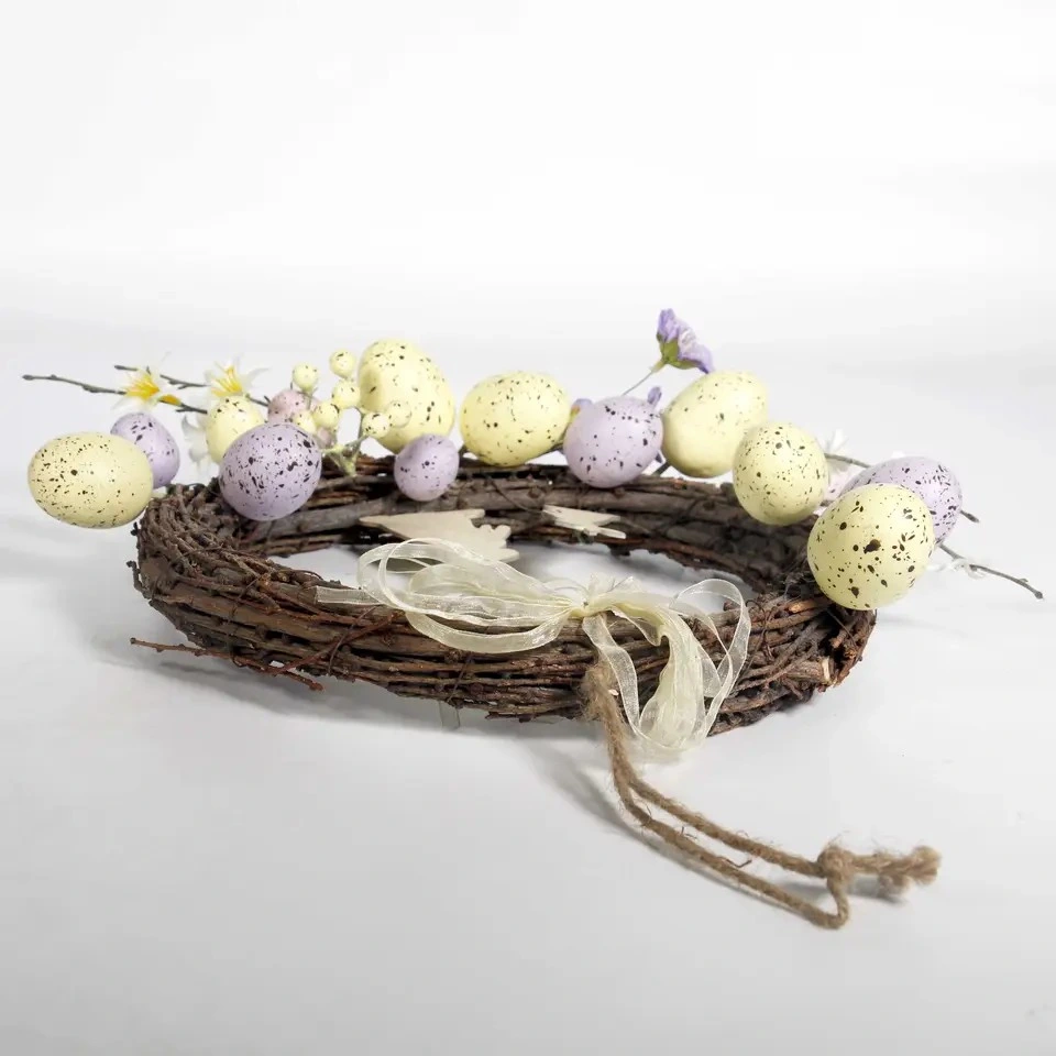 Spring Decor Easter Egg Rattan Wreath with Wood Bunny Mini Rabbit Easter Animal Ornaments Lovely Silk Bow Knot Easter Decoration