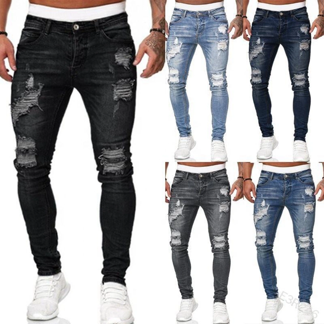 New European and American Men's Distressed Destroyed Casual Straight Pants Biker Jeans Slim Trousers Men Denim Stretch Jeans Pant