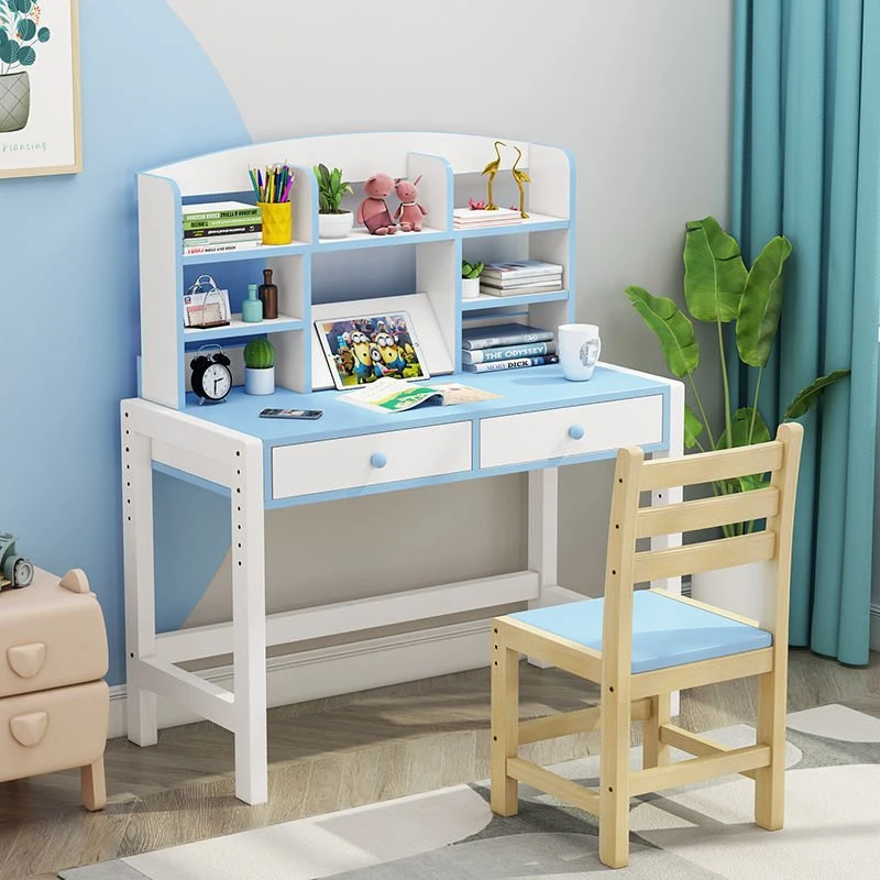 Wooden Multifunction Study Table Set with Chairs Double Shelf and Cabinets for Children