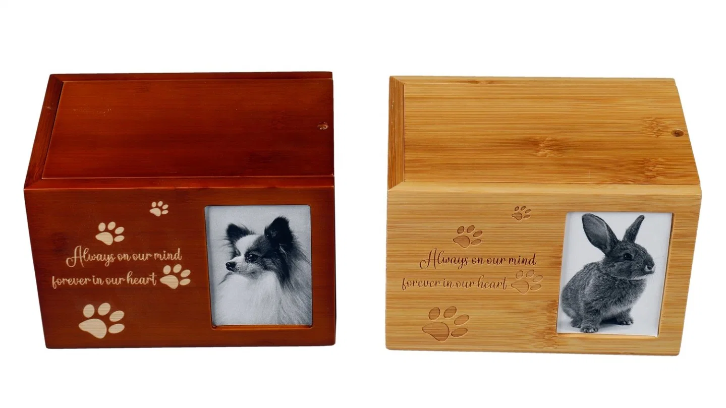 Rectángulo de la fábrica de tapa deslizante patrón láser personalizado preciosa ceniza de pequeños animales de cremación de mascotas de bambú Urn