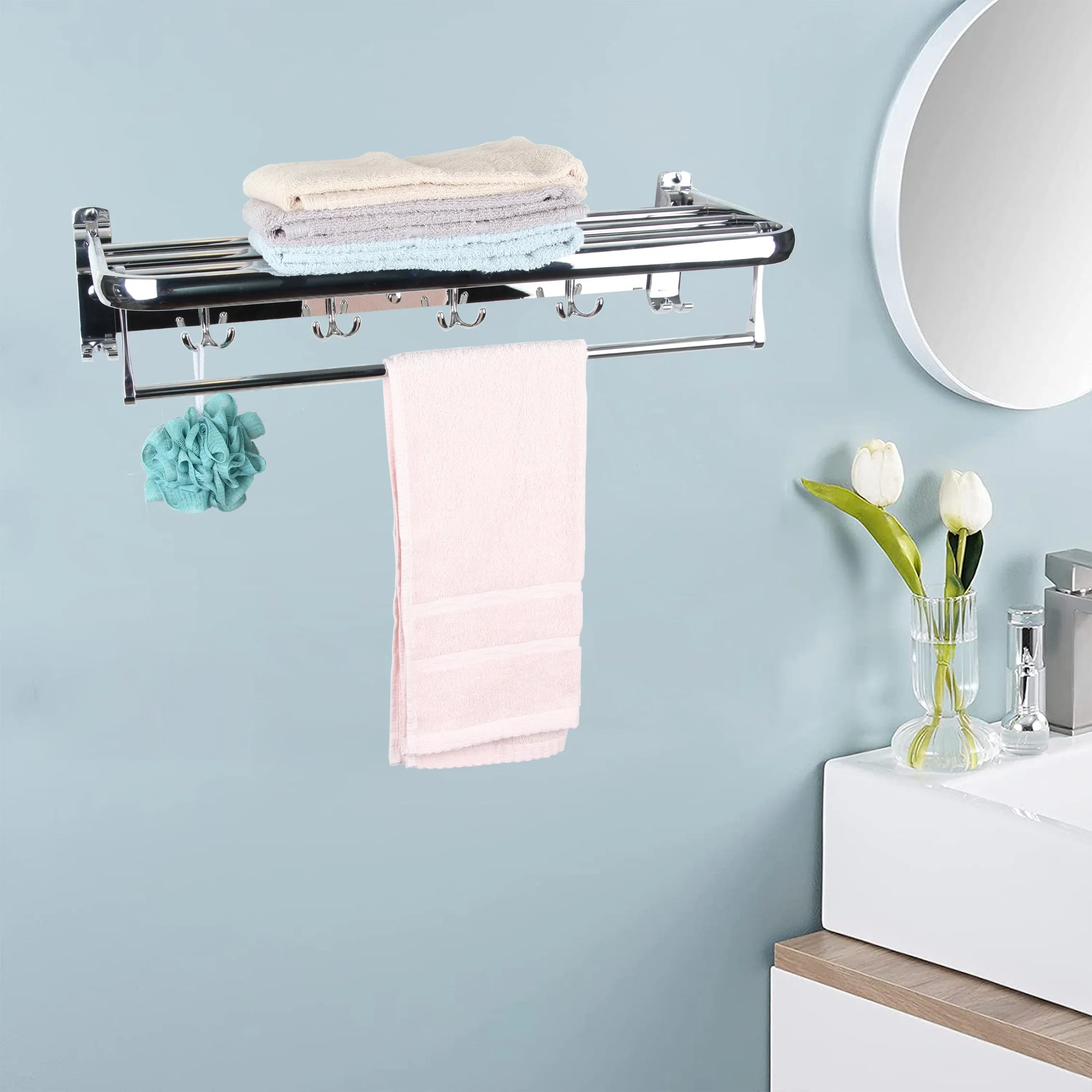 Serviette pliable Rack pour salle de bains, avec une serviette à montage mural des crochets et serviette réglable Bar, 304 Porte-serviettes en acier inoxydable, Chrome