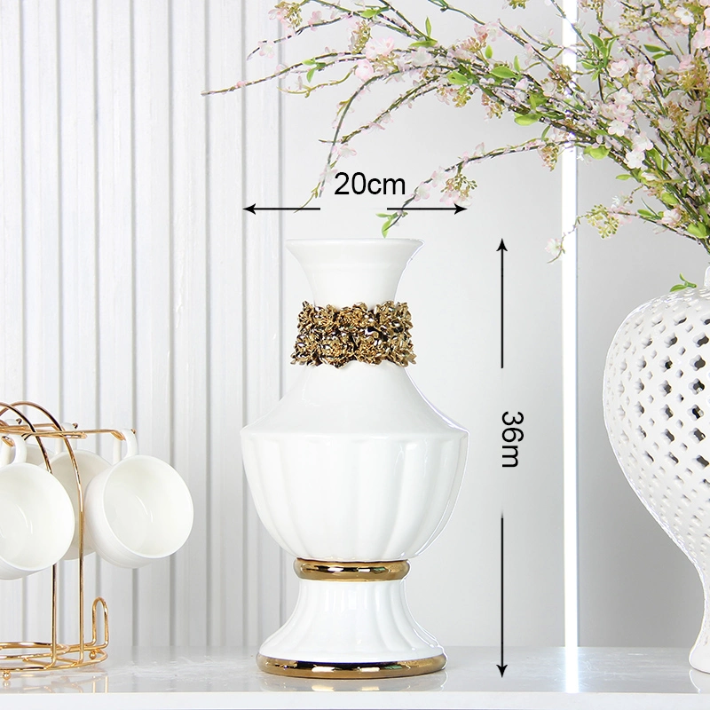 V162 Nordic Luxury Tabletop Ornament Home Decor Ceramic White Vases with Decorative Gold Rose Flower