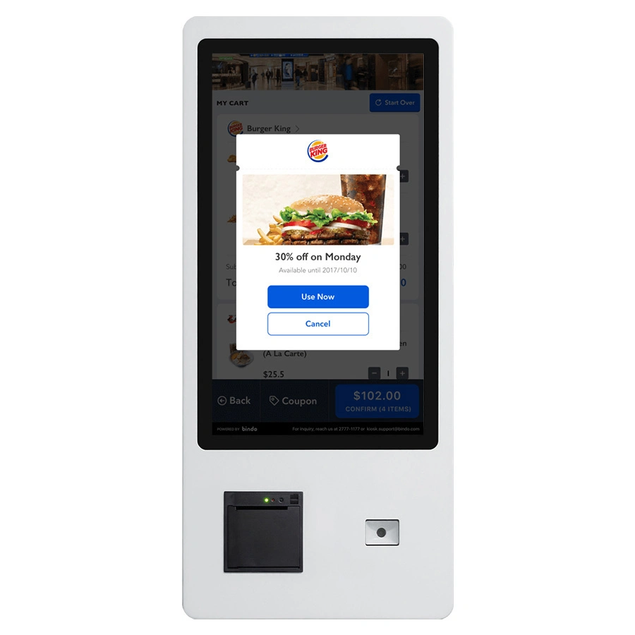 Escáner de código QR en la pared del sistema de pedidos de comida rápida Self Service Quiosco de terminal de pantalla táctil con impresora