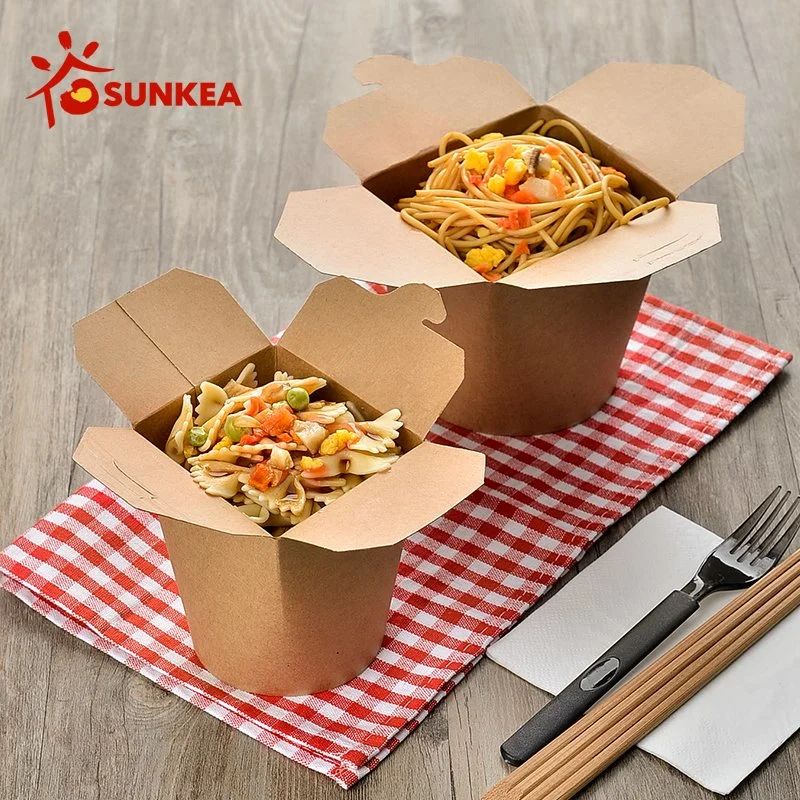 Sunkea Disposable Take Away Packaging Kraft Noodle Food Box Custom Reciclar recipiente descartável Salad Noodle Fast Food Kraft Paper Box