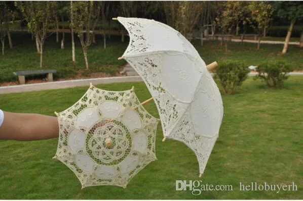 Pure Cotton Lace Wedding Umbrella Parasol Romantic Bridal Photograph Long Handle Handmade Art Wedding Scallop Edge Embroidery