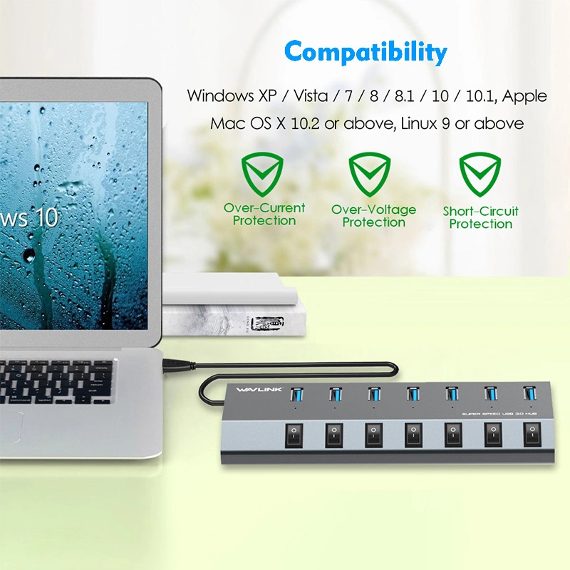Aluminum 7-Port USB 3.0 Hub with Power Adapter and Individual Power Switches