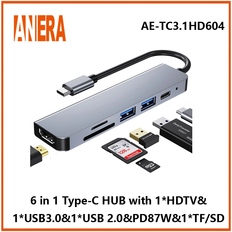 Rendimiento de alta velocidad 6 en 1 USB C Tipo portátil C adaptador de concentrador con tarjeta 2,0/Pd87W USB3,0 Hub SD/TF 2,0 Lector y HDMI