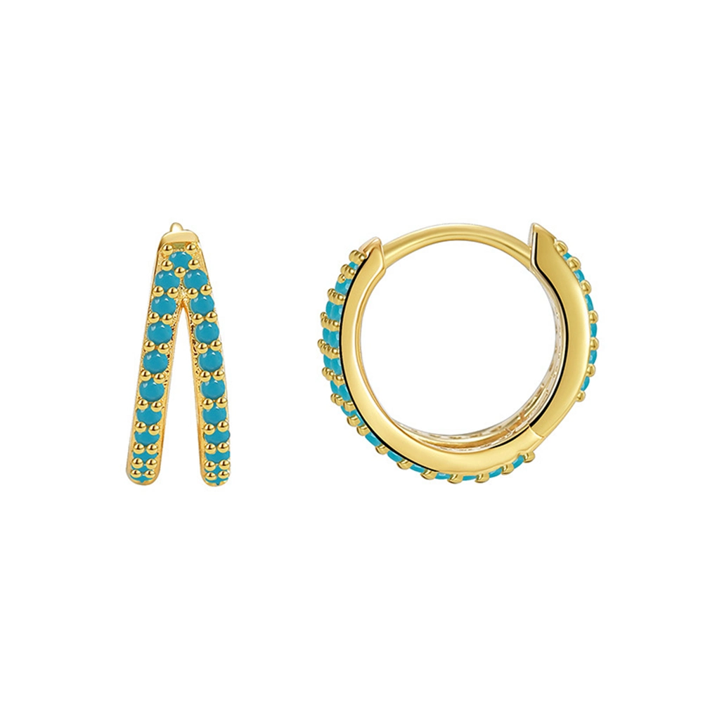 French Fashion Copper Brass Gold Plated Turquoise Geometric Round Double Layer Huggie Hoop Earrings Jewelry for Women