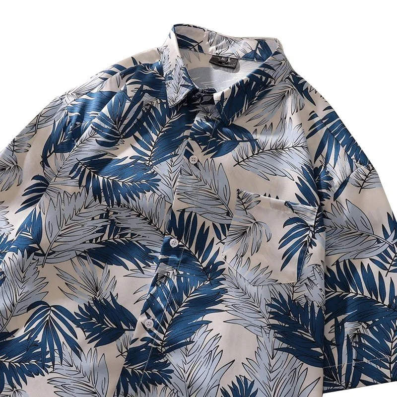 Camisa masculina de botão solta e respirável com estampa personalizada de verão estilo havaiano.